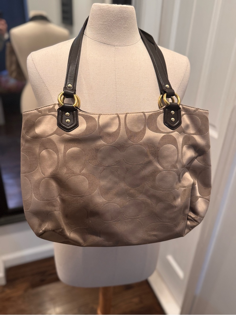 Coach Khaki Signature Tote with Dark Brown Leather Trim - Picture 2 of 6